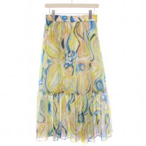 23SS ブラッシュプリントティアードロングスカート フレア ギャザー ミモレ 総柄 36 マルチカラー