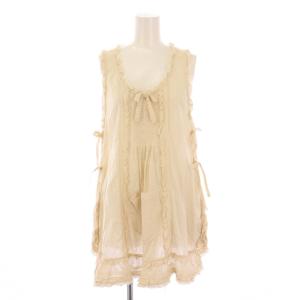 シャツ ブラウス プルオーバー ノースリーブ フリル リボン チュニック丈 F ベージュ /BB