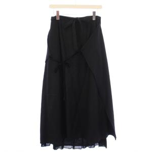 フレアスカート ミモレ ロング フリル ウール ダブエプロン付き L 黒 ブラック /BB