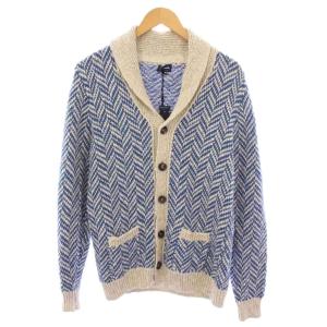ニットカーディガン 長袖 ショールカラー 麻 リネン混 48 青 ブルー ベージュ タグ付き /BB