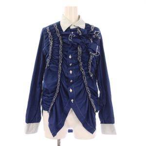 クレリックシャツ ブラウス 長袖 レギュラーカラー フリル M 青 ブルー /BB