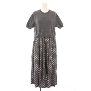 フレアワンピース ミモレ ロング ニット 半袖 クルーネック ドット柄 切替 ウール S グレー /BB