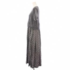 BLACK COMME des GARCONS フレアワンピース ミモレ ロング ニット 半袖 クルーネック ドット柄 切替 ウール S グレー /BB