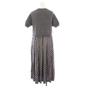 BLACK COMME des GARCONS フレアワンピース ミモレ ロング ニット 半袖 クルーネック ドット柄 切替 ウール S グレー /BB