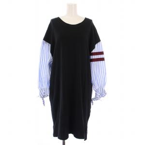 ワンピース ミモレ ロング 長袖 切替 ストレッチ ストライプ柄 2 黒 ブラック 水色 ライトブルー