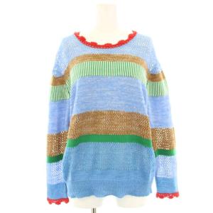 Sメッシュスラリット ニット セーター ウール混 ミドルゲージ レース 長袖 ボーダー 2 水色 ライトブルー
