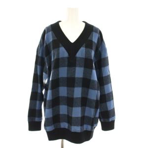 セゾン SAISON ニット セーター Vネック 長袖 ブロックチェック柄 タグ付き F 青 ブルー 黒