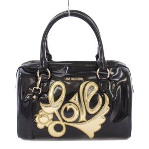 2WAY ボストンバッグ ハンドバッグ ショルダーバッグ エナメル ロゴ バイカラー 黒 ブラック ゴールドカラー