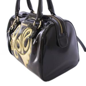 LOVE MOSCHINO 2WAY ボストンバッグ ハンドバッグ ショルダーバッグ エナメル ロゴ バイカラー 黒 ブラック ゴールドカラー