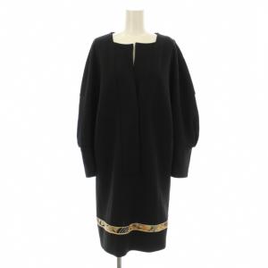 ワンピース ひざ丈 長袖 切替 総柄 ウール 42 黒 ブラック /KU