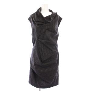 タイトワンピース ドレープ ひざ丈 ノースリーブ ストレッチ リボン チェック柄 ウール I42 黒 ブラック