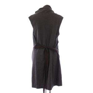 BRUNELLO CUCINELLI タイトワンピース ドレープ ひざ丈 ノースリーブ ストレッチ リボン チェック柄 ウール I42 黒 ブラック