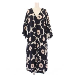 フレアワンピース ミモレ ロング 五分袖 Vネック 花柄 総柄 ストレッチ S 紺 ネイビー ピンク タグ付き