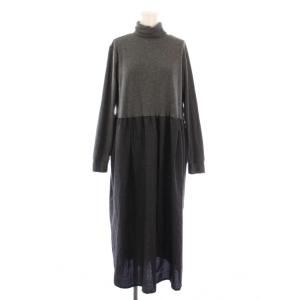 フレアワンピース ミモレ ロング リブニット 長袖 タートルネック 切替 ウール混 F グレー 黒 ブラック