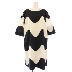 marimekko ワンピース ひざ丈 七分袖 クルーネック ボーダー柄 38 白 ホワイト 黒 ブラック /BB