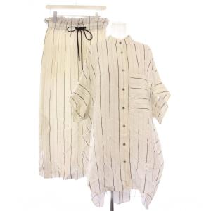 ユーカリストライプブラウス スカート セットアップ ブラウス 半袖 バンドカラー チュニック丈 フレア