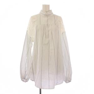 シャツ ブラウス 長袖 スタンドカラー ストライプ柄 レース 切替 42 白 ホワイト /BB