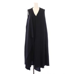 フレアワンピース ひざ丈 アシンメトリー Vネックノースリーブ 無地 38 紺 ネイビー タグ付き /BB