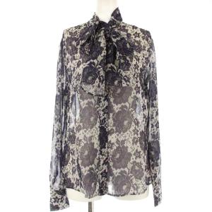 タグ付き ヴィンテージ風レース柄ボウタイ長袖ブラウス シャツ 花柄 2 紺 ネイビー 10-92-01-039