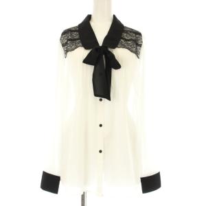 タグ付き ヨークレースバイカラーシフォン長袖ボウタイブラウス シャツ 2 白 ホワイト 黒 ブラック 10-92-01-273