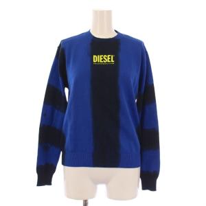 ニット セーター 長袖 クルーネック ストレッチ ロゴ 12 青 ブルー 黒 ブラック /BB