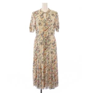 ロングワンピース 半袖 花柄 リボン パワーネット 40 ベージュ 14176441 /KH