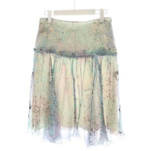 フレアスカート ひざ丈 花柄 シルク 絹 F34 紫 パープル 水色 ライトブルー 61RW91 /AN38