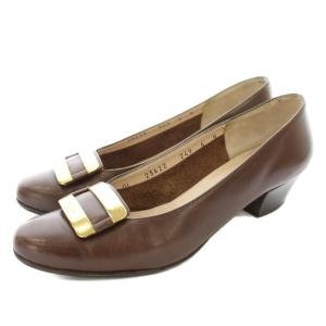 パンプス レザー チャンキーヒール ロゴ 6 茶 ブラウン 23622 /KU