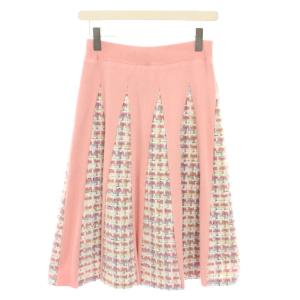 20SS ツイードニットスカート ひざ丈 フレア イージー F ピンク 白 ホワイト 20J101 /YT