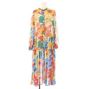 フレアワンピース マキシ ロング 長袖 バンドカラー シアー シースルー 花柄 36 マルチカラー /BB