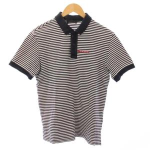 ポロシャツ 半袖 レギュラーカラー ハーフボタン ボーダー柄 鹿の子 ロゴ L 紺 ネイビー 白 ホワイト