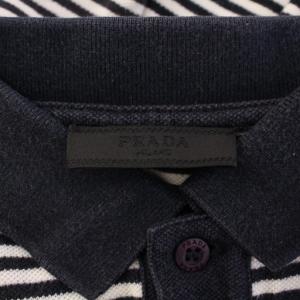 PRADA ポロシャツ 半袖 レギュラーカラー ハーフボタン ボーダー柄 鹿の子 ロゴ L 紺 ネイビー 白 ホワイト