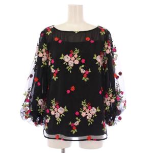 シアーシャツ ブラウス プルオーバー シースルー 長袖 クルーネック チュール 花柄 刺繍 0 黒 ブラック