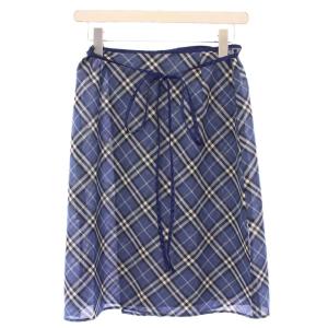 ラップスカート 巻き フレア ひざ丈 チェック柄 ペチコート付き ウール混 38 青 ブルー /BB JS