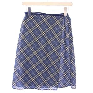 BURBERRY BLUE LABEL ラップスカート 巻き フレア ひざ丈 チェック柄 ペチコート付き ウール混 38 青 ブルー /BB JS