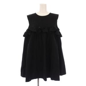 フリルノースリーブフレアブラウス シャツ プルオーバー クルーネック 無地 38 黒 ブラック S340-028