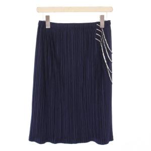 イッセイミヤケ フレアスカート イージー ひざ丈 ウエストゴム ストレッチ 4 紺 ネイビー /BB