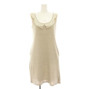 ワンピース ひざ丈 ノースリーブ レース襟 麻 リネン 38 ベージュ 白 ホワイト 23732 /YT