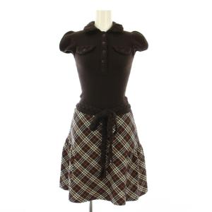 フレアワンピース ひざ丈 半袖 ニット チェック柄 ベルト ウール 38 茶 ブラウン /BB JS