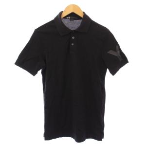 ヨウジヤマモト ポロシャツ 半袖 レギュラーカラー ハーフボタン 鹿の子 ロゴ プリント S 黒 ブラック