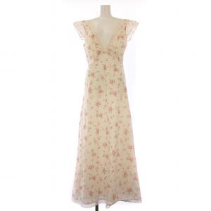 ラルフローレン フレアワンピース マキシ ロング ノースリーブ Vネック レース 花柄 2 アイボリー