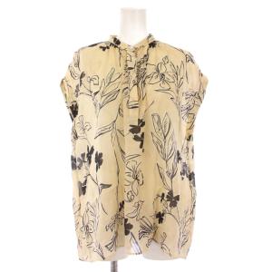 23SS ワイルドフラワープリントバンドカラーブラウス シャツ プルオーバー フレンチスリーブ 半袖 ハーフボタン