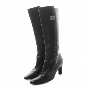 Salvatore Ferragamo ガンチーニ ロングブーツ アーモンドトゥ ヒール レザー 5.5 黒 ブラック DQ82120 /AN31