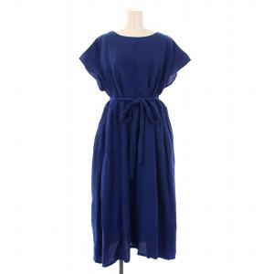 フレアワンピース ミモレ ロング フレンチスリーブ 半袖 クルーネック 無地 ベルト 麻 リネン 1 青