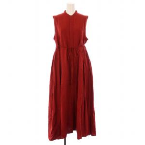 フレアワンピース マキシ ロング ノースリーブ バンドカラー 無地 麻 リネン F 赤 レッド /BB