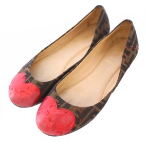 パンプス ラウンドトゥ ローヒール ズッカ柄 ハート柄 刺繍 切替 38 茶 ブラウン 赤 レッド /BB