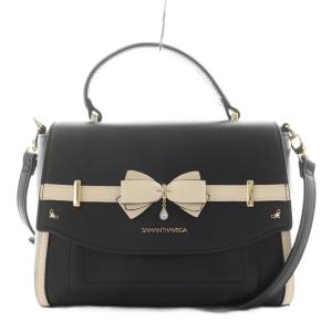 バイカラーアクセントリボンショルダーバッグ ハンドバッグ 2way フェイクレザー 黒 ブラック 白 ホワイト