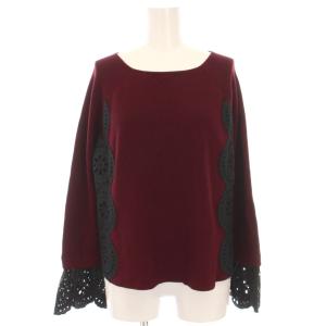 サイドカットワークニットトップ セーター 刺繍 レース 長袖 36 黒 ボルドー 0121343225