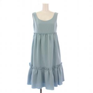 フレアワンピース ティアード ひざ丈 ノースリーブ クルーネック フリル 38 水色 ライトブルー /BB