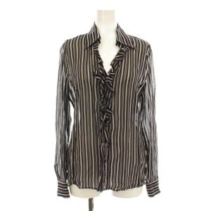 シャツ ブラウス 長袖 Vネック ストライプ柄 フリル シアー 2 黒 ブラック 白 ホワイト 紫 パープル